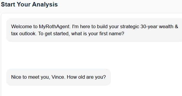MyRothAgent free RMD wizard — chat-style interface asking for name, age, and pre-tax retirement account balance.
